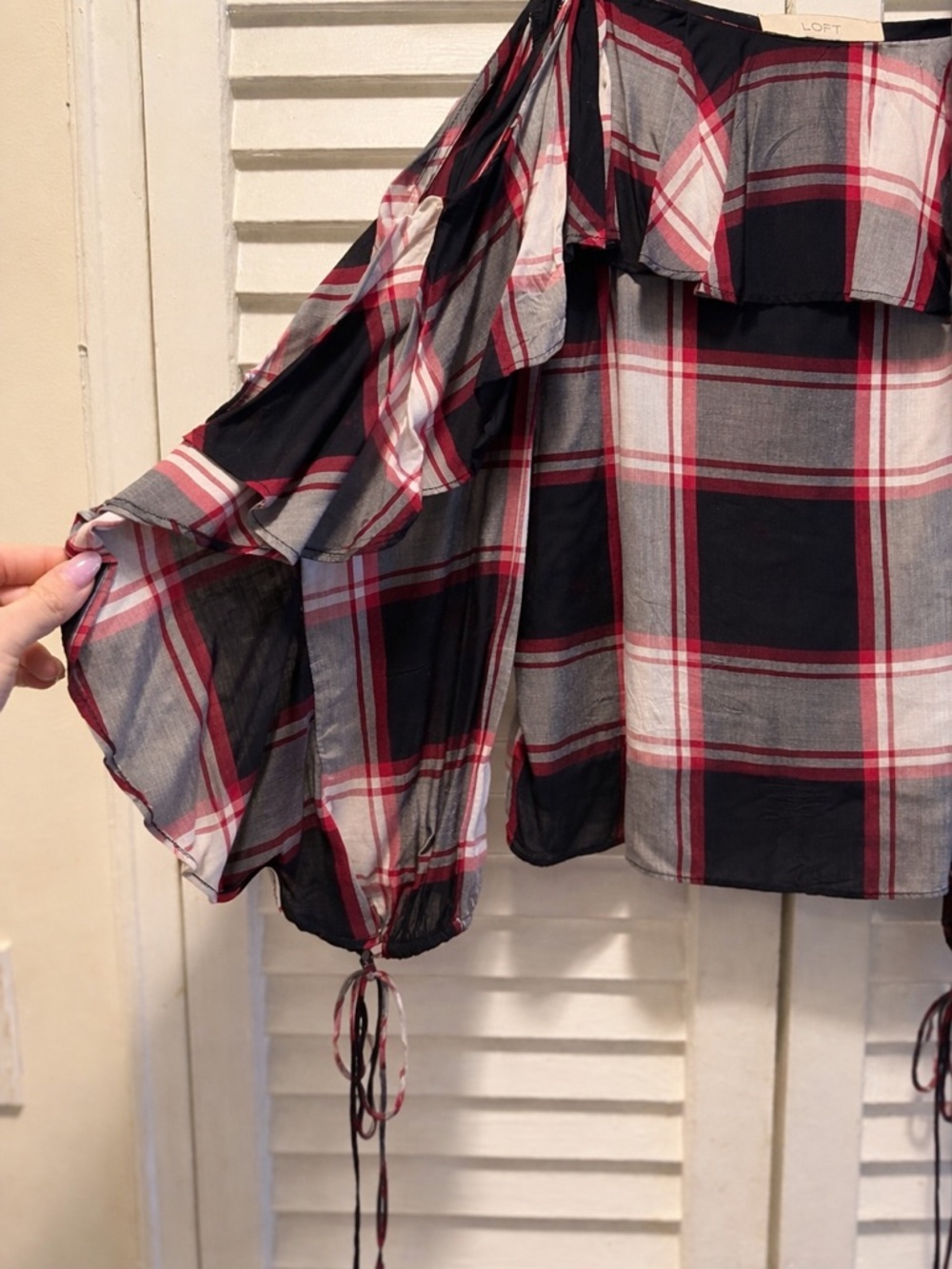 LOFT Cold-Shoulder Plaid Ruffle Top - Picture 3 of 7